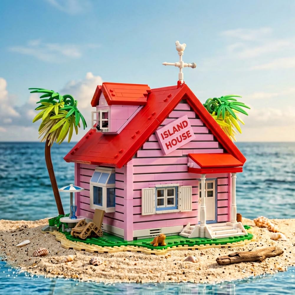 Casa Tropical de la Isla Tortuga | 1434 Piezas | Modelo de Bloques de Construcción | Villa Rosa de Colección | Decoración para Escritorio y Regalo para Fans de Anime