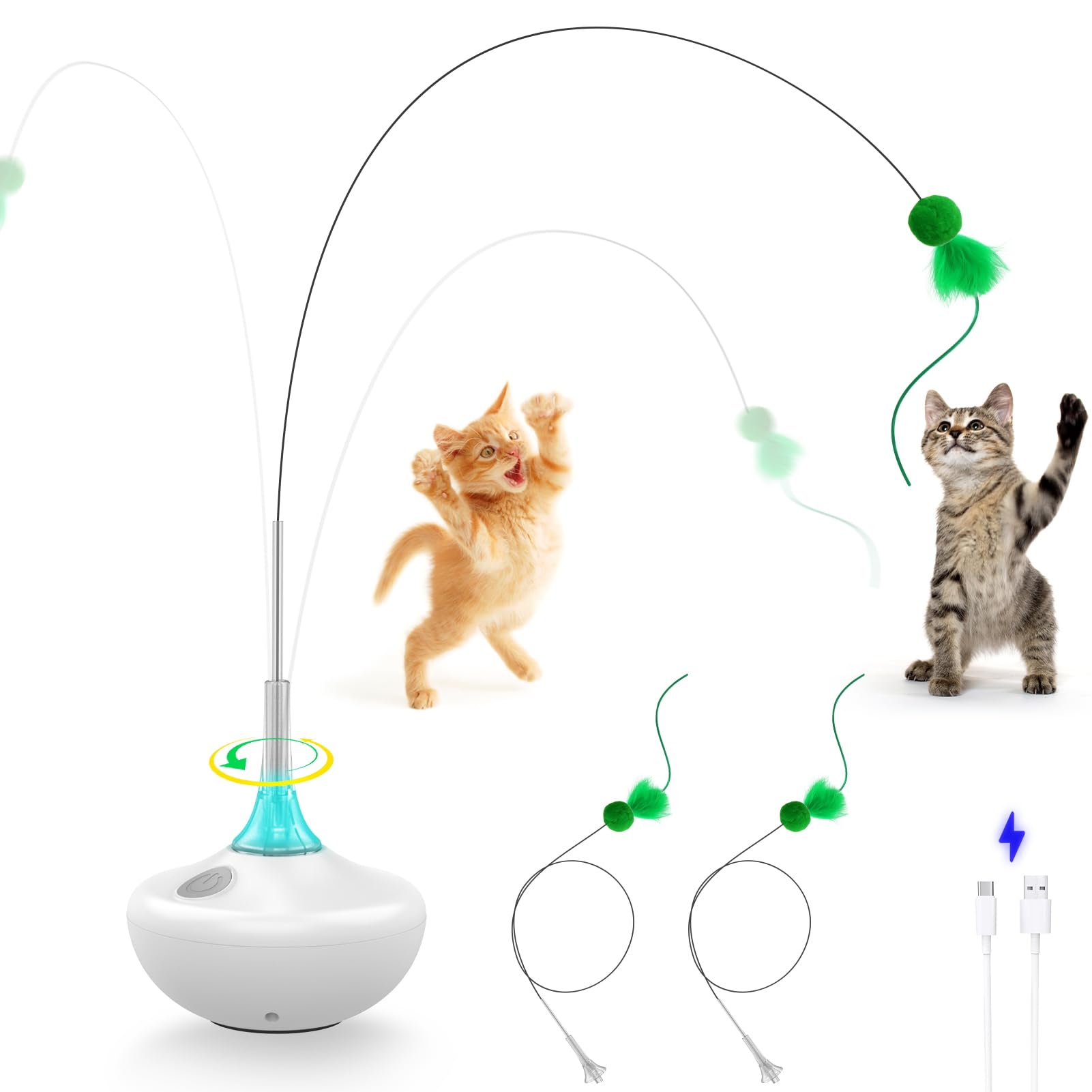 Juguete interactivo para gatos con activación táctil, cintas voladoras de giro automático, juguetes de plumas para gatos de interior, varita de palo de 26 pulgadas, recargable