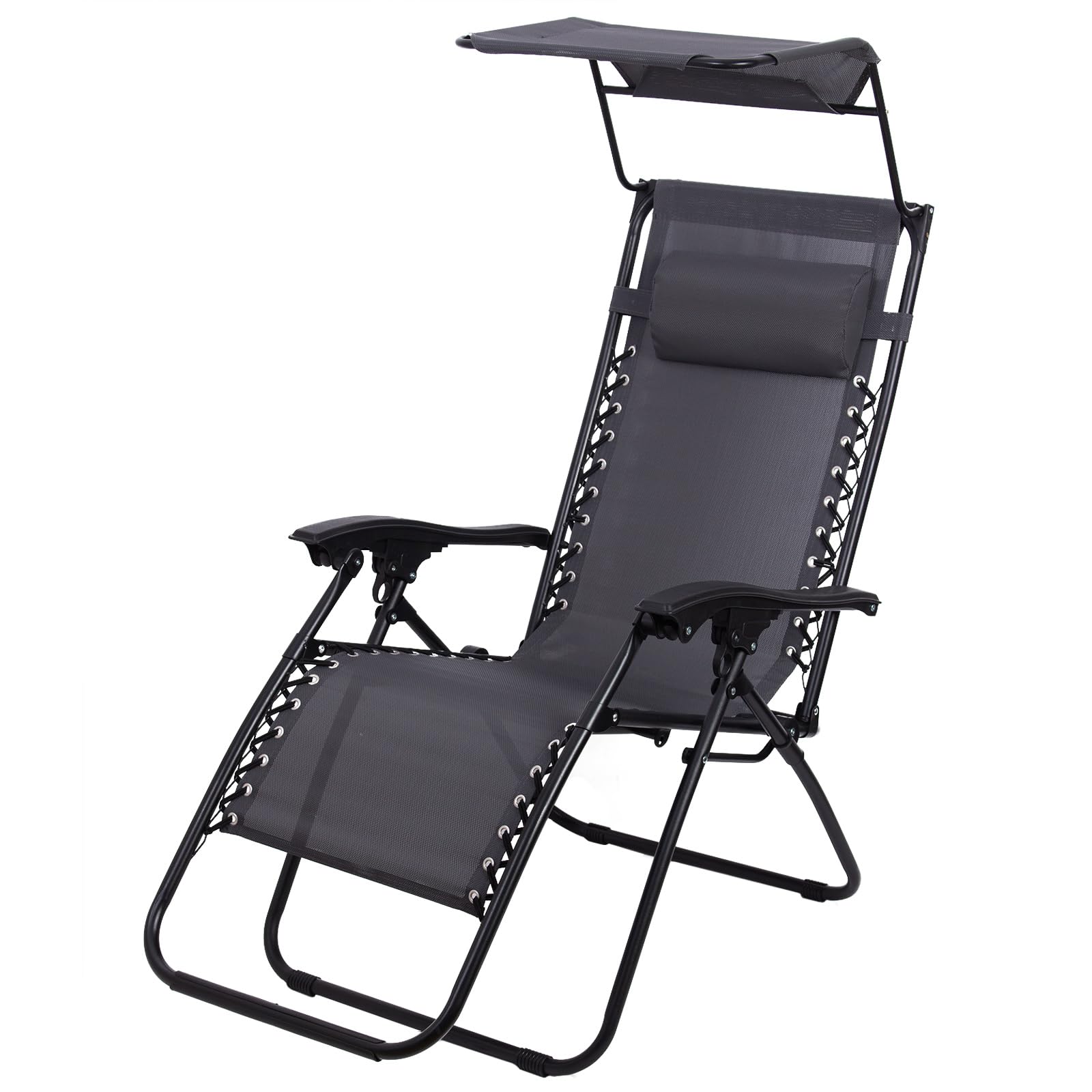 Todeco Tumbona Plegable Jardín con Toldo, Silla Gravedad Cero Reclinable con Respaldo Ajustable para Patio, Camping, Terraza y Piscina, Carga máxima 100kg, Gris