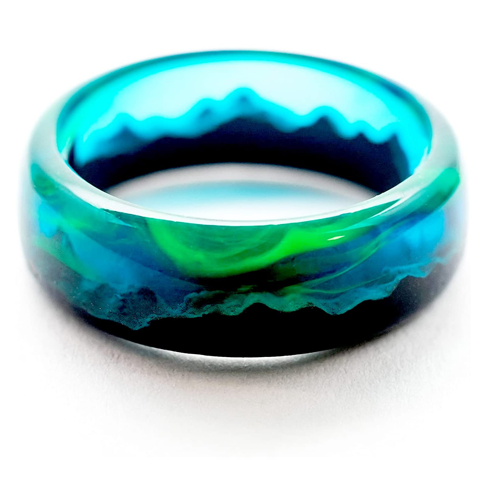 YLTPAJK Wooden Epoxy Ring, Wood Resin Ring, Glow Rings, Luminous Glow Ring Glowing in the Dark, Handmade Wooden Ring with Mountain for Man and Woman (7, green)