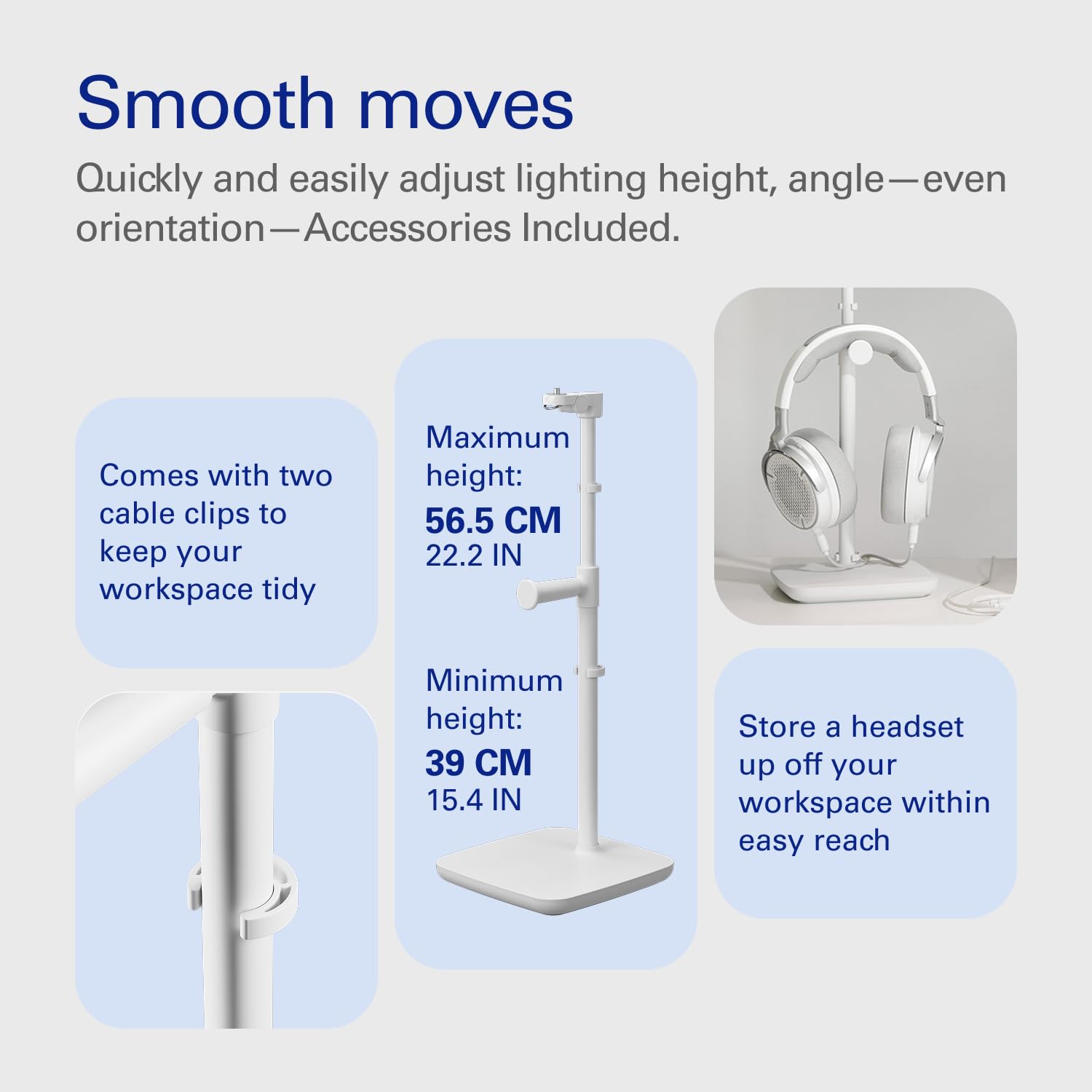 Stand for Key Light Neo – Supporto da scrivania con base appesantita, altezza e inclinazione regolabili, supporto per cuffie, bianco pulito – Per Key Light Neo o Facecam Neo