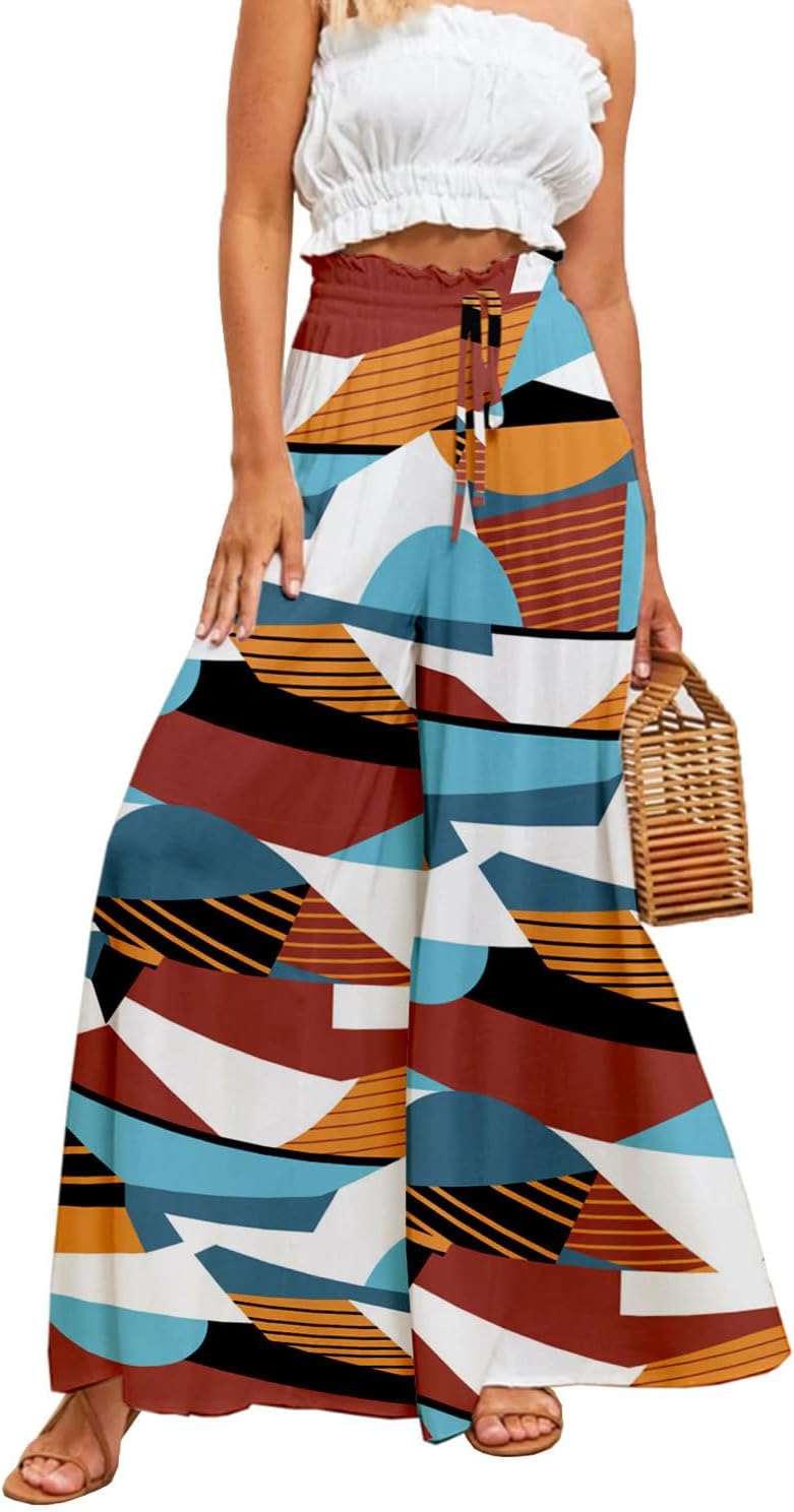 YOCUR Women Summer Beach Vacation Pants High Waisted Wide Leg Pants Printed Loose Flowy Casual Palazzo Lounge Trousers
