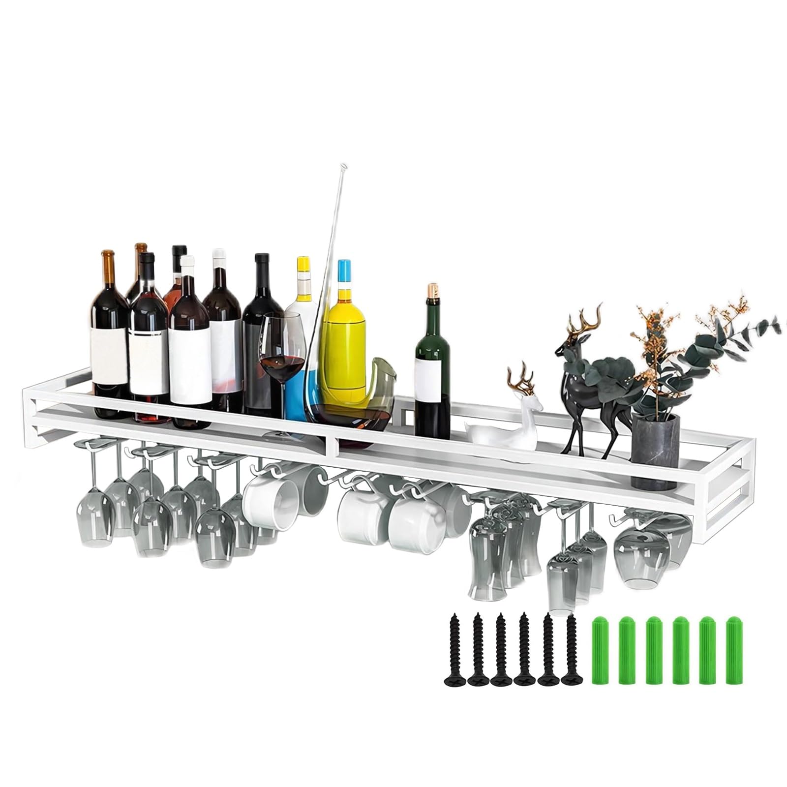 whalebee Iron Wine Glass Rack Wall Mounted Storage Rack Length 24" 32" 40" Wine Stemware Holder 5, 7, 9 Rows Wine Glass Rack For Kitchen Bar, Space Saving Open Type Wine Holder