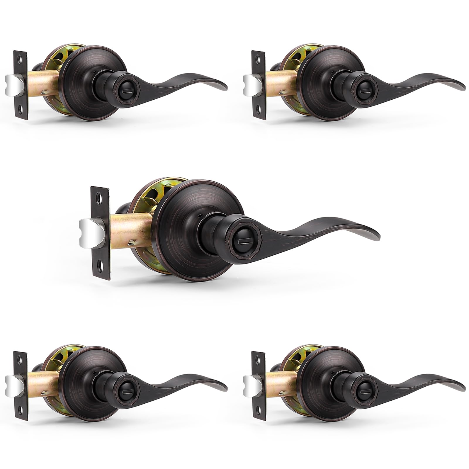 Probrico Wave Style Privacy Door Handles Interior Oil Rubbed Bronze Door Lever Lock Keyless Door Lockset for Bedroom and Bathroom Reversible Door