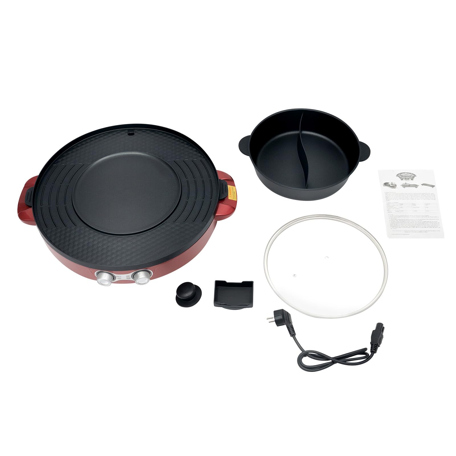 Hot Pot - Pentola elettrica 2200 W, con griglia e divisorio, multifunzione, 2 lati, antiaderente e griglia da tavolo, 2 in 1, per 2-8 persone, colore rosso, 52 x 18,5 cm