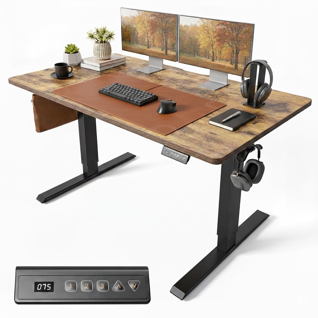 Cubiker Electric Standing Desk Height Adjustable For Gaming and Computer, 140 x 70cm Sit Stand Electric Home Office Desk with Memory Smart Pannel, 4 Pieces Splice Board, Rustic Brown — image 1