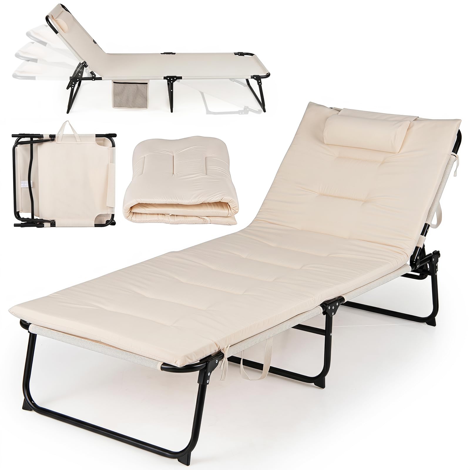 COSTWAY Folding Sun Lounger with Cushion, Garden Recliner Chair (Beige)