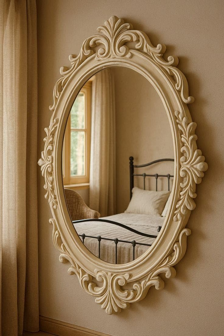 Wooden Mirror Frame for Home Decor, Hand Carved Floral Oval Shape Frame, Handmade Jharokha Design, Creamy Color, 36x24 Inch, Without Mirror-image-40