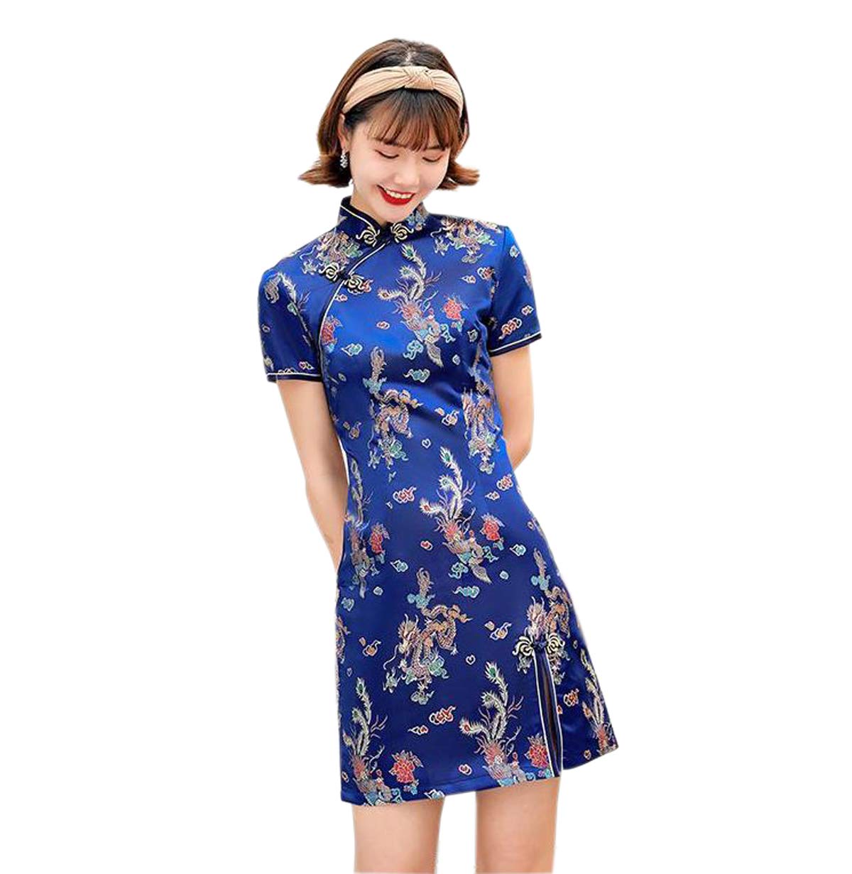 Acvip Women's Blue Brocade Satin Dragon&Phoenix Mini Qipao Chinese Evening Dress Cheongsam (, Uk 12-14/Label Size 2XL)