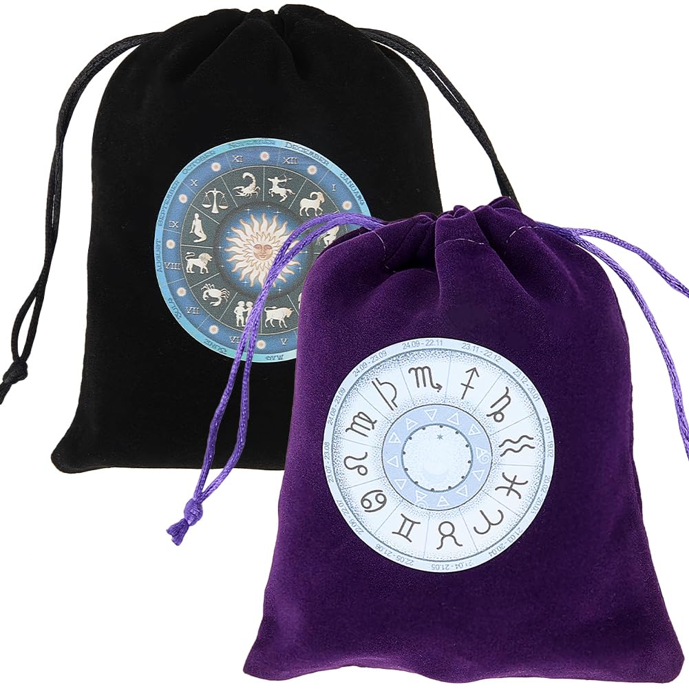 CREATCABIN 2Pcs Tarot Bags Tarot Cards Pouches Tarot Deck Holder Storage Tarot Pouches Velvet Bags with Drawstrings Black Purple The Zodiac Wrap Bags for Jewelry Crystals Altar Rune Gift 5x6Inch