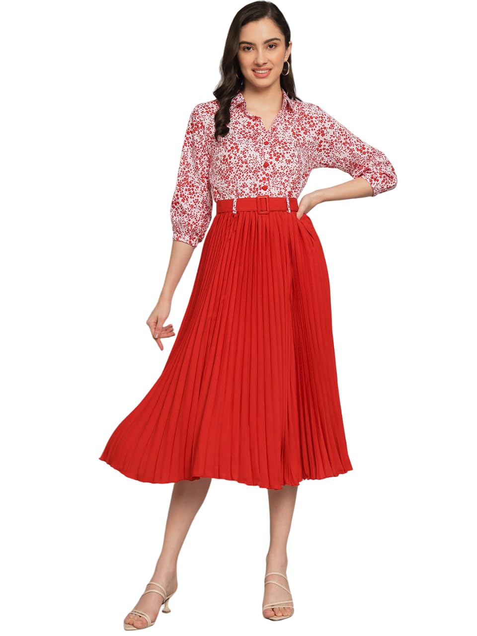Kzully Women's Print 3/4 Sleeve Pleated Midi Dress With Belt Red