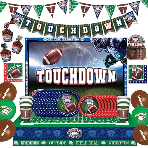 Treasures Gifted Football Party Decorations - Serves 16 Guests - Ultimate Set of Football Party Supplies - Football Decorations for Party, Football Tablecloth, Football Plates and Cups & More!