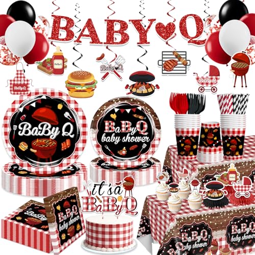 Xynic 213Pcs Baby Q Baby Shower Decorations Tableware Set Severs 25 Baby Shower Decorations Include Banner Balloons Tablecloth Paper Plates Cups Cake Topper Cupcake Toppers