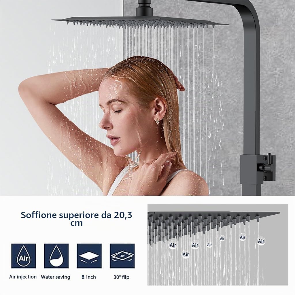 AICA Colonna Doccia con Miscelatore, Saliscendi Doccia Altezza Regolabile 80cm-120cm, Colonna Doccia con Soffione e Doccetta Quadrata 22x6.4cm, Miscelatore Termostatico Doccia in Acciaio Inox Nero