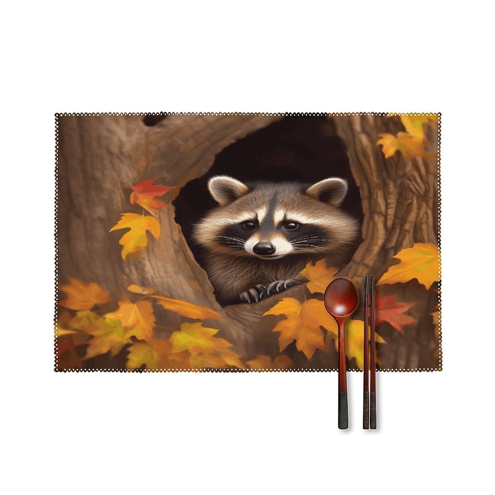 Raccoon in The Fall Tree Hole Placemats Set of 4 Heat Resistant Non-Slip Place Mats Reusable Dining Table Mats Canvas Place Mat Anti-Fading Waterproof Placemats for Dining Table Decor