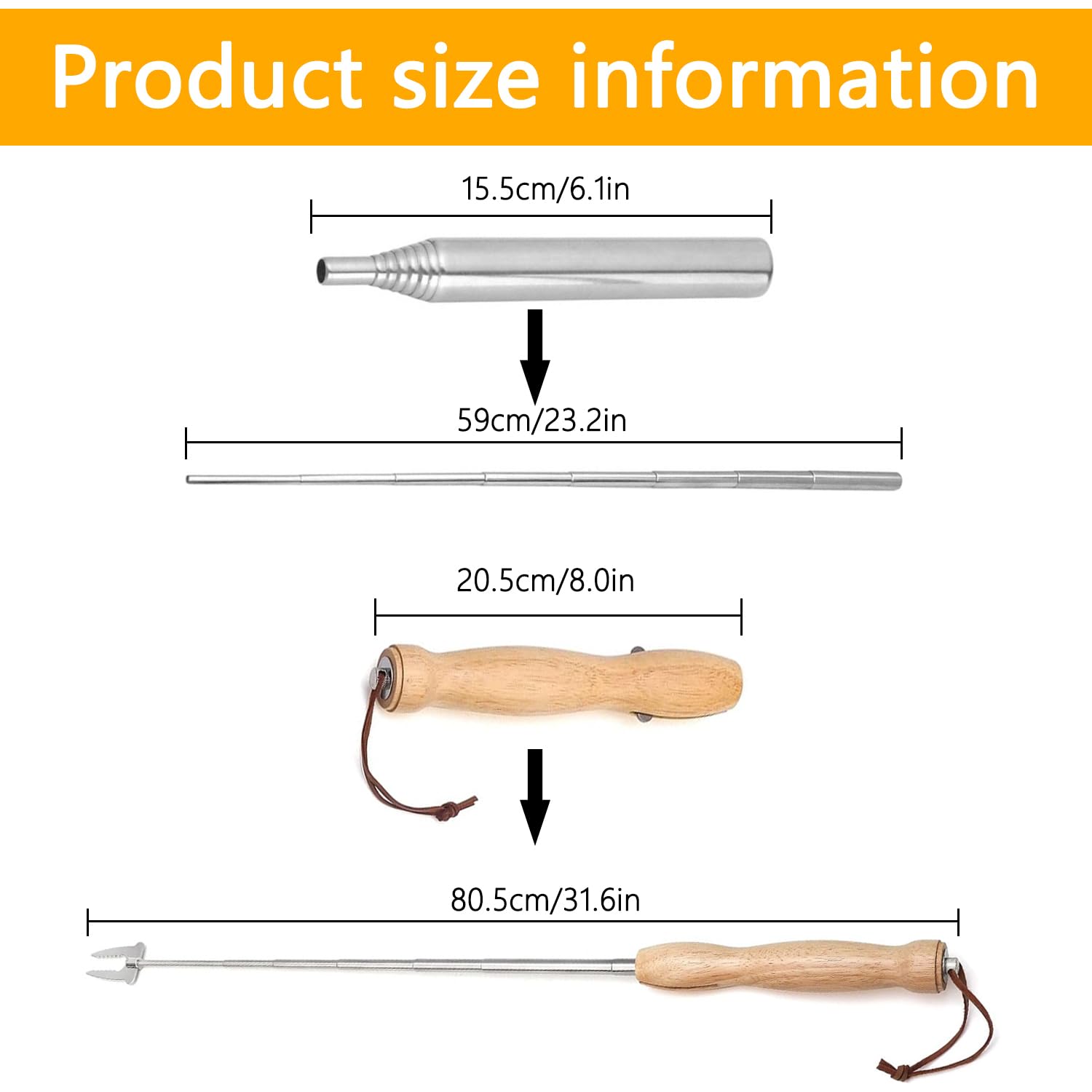 Pinchos de Barbacoa Extensibles de Acero Inoxidable Mango de Madera con Tubo de Soplado Telescópico Tenedor de Barbacoa Extensible(81 cm)