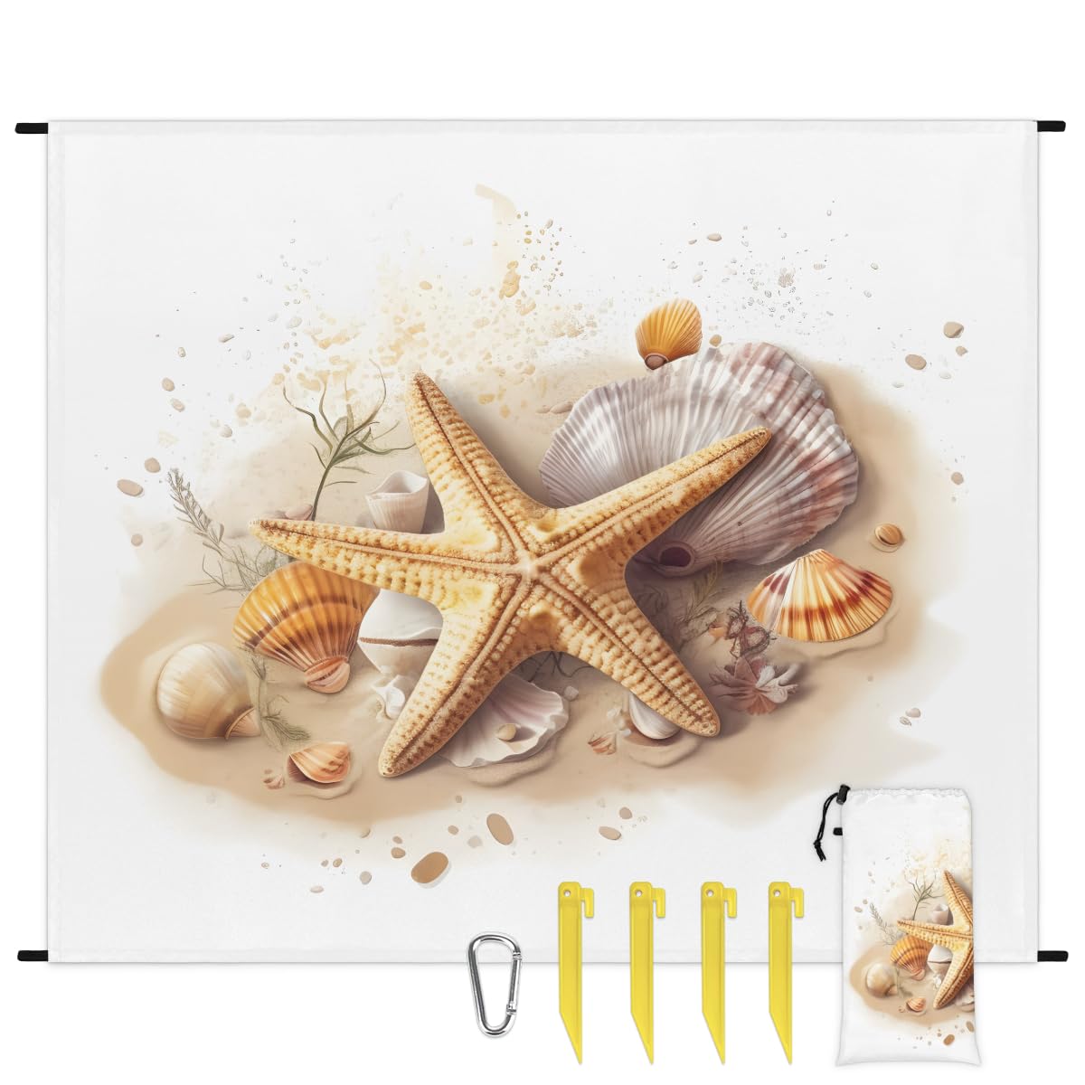 Eabrults Waterproof Sandproof Beach Blanket, 59''×68'' Oceans Polyester Outdoor Picnic Blanket with 4 Stakes & Storage Bag for Beach,Camping,Vacation Starfish