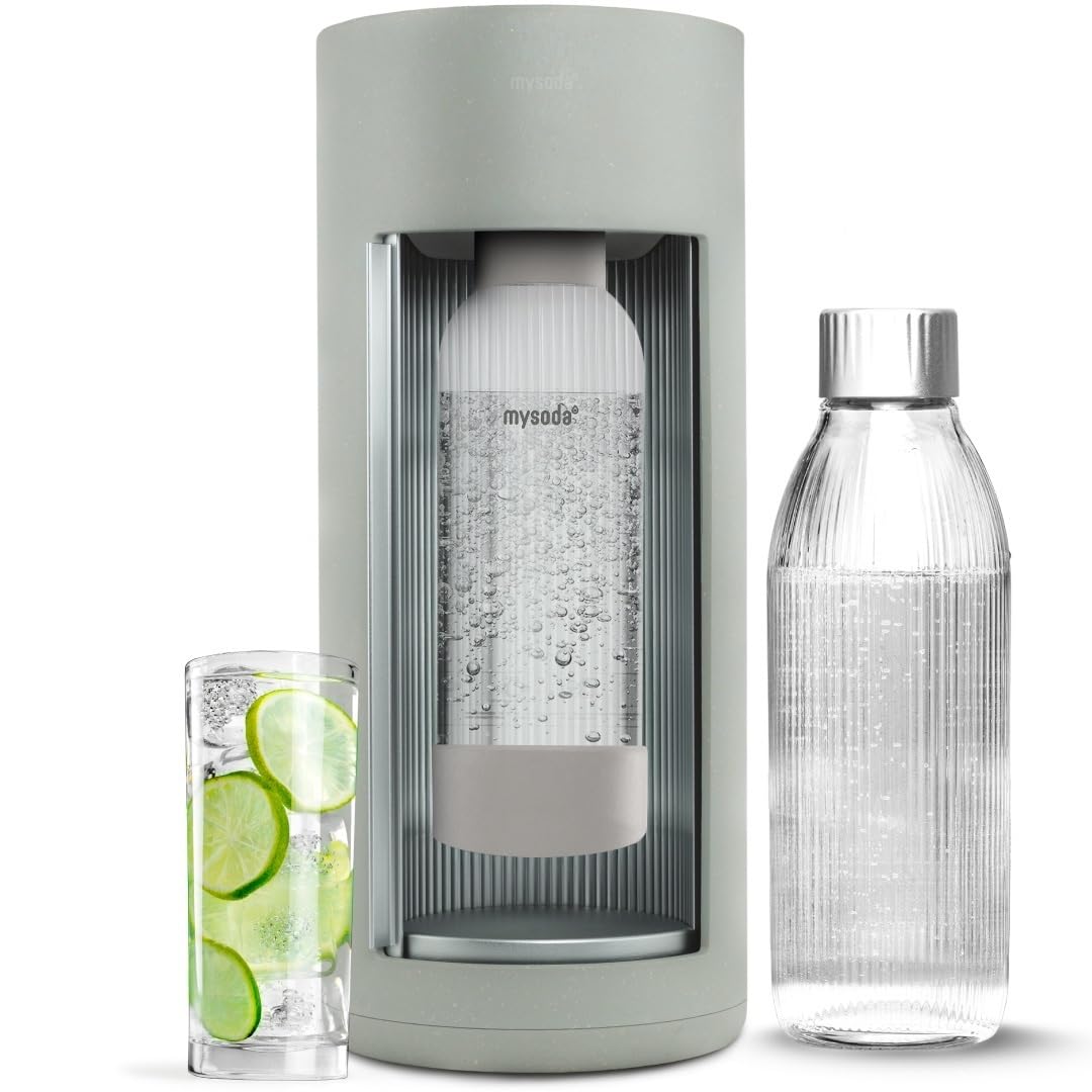 Mysoda: Stylish Glassy Water Carbonator Made of Wood Composite and Aluminium (without CO2 Cylinder) with 1 Litre Glass Bottle & BPA-Free 1 Litre Plastic Bottle - Sage Green (Pigeon)