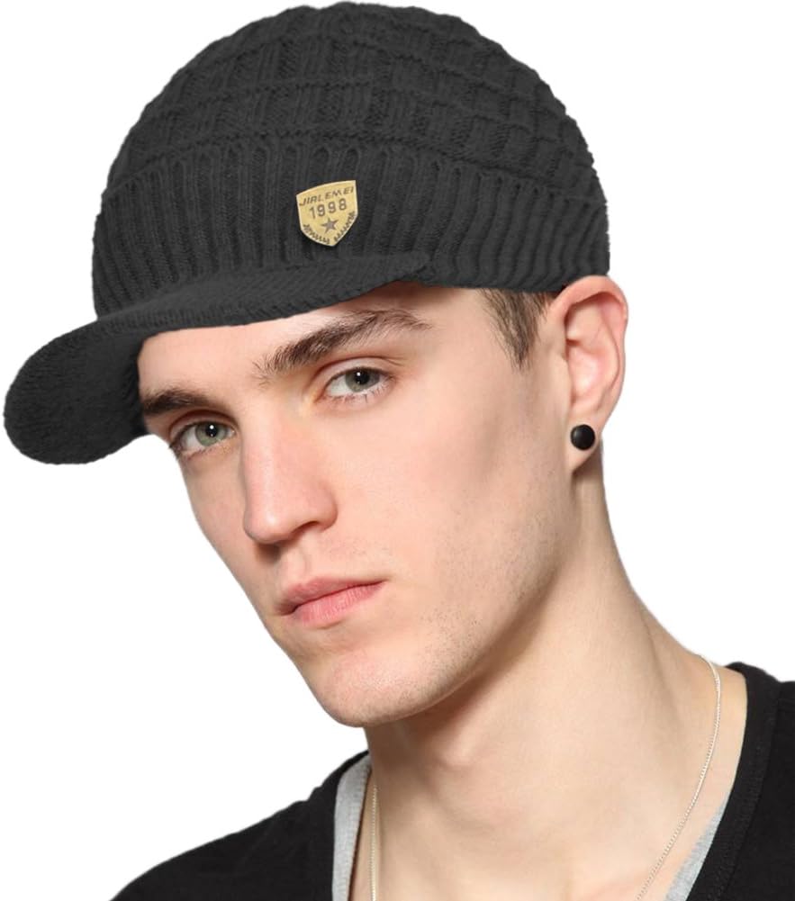 Winter Visor Beanie Brimmed Baseball Cap Fleece Lined Waffle Knitted Billed Hat - Image 6