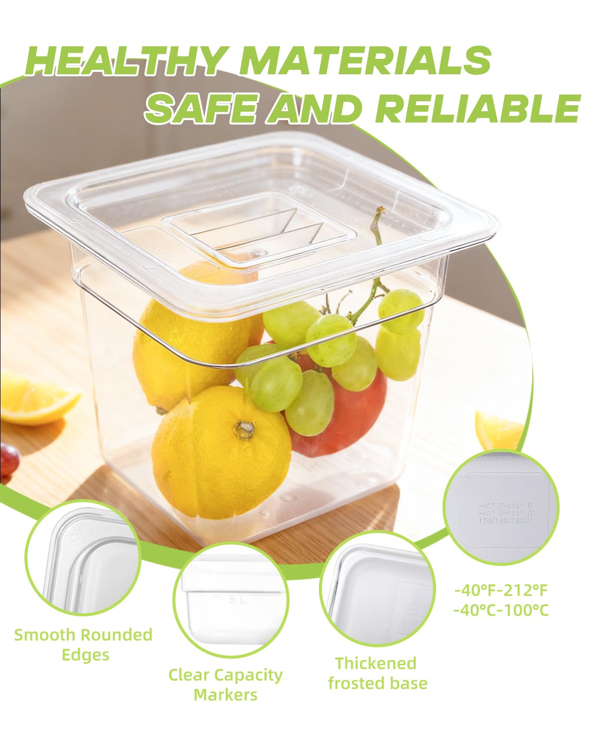 Lot de 6 poêles alimentaires avec couvercles, taille 1/6, incassables, empilables en plastique pour hôtel, fête, restauration, cuisine, préparation des repas, de -40 °C à 100 °C (2,22 L