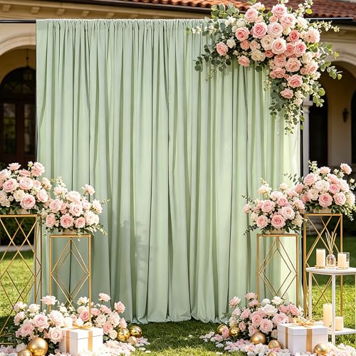 Image of Pea Green Backdrop Curtains 20x10ft: Outdoor Polyester Photo Backdrop Drapes - 4 Panels 5x10ft for Rustic Birthday Party Background Decoration