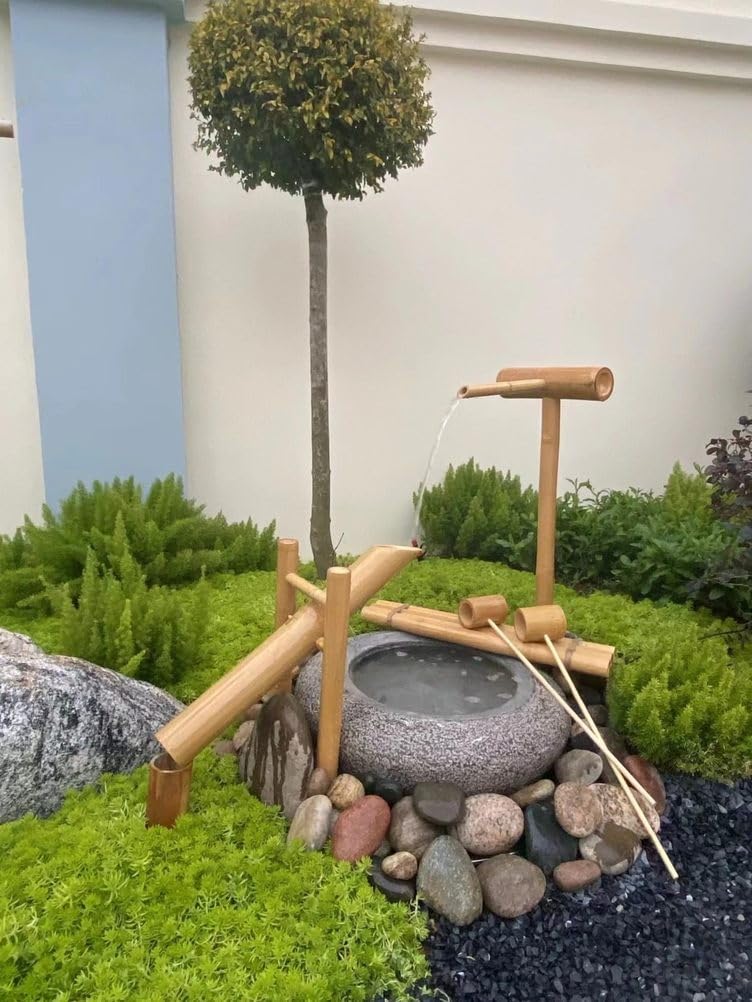 Fontana Solare Kit Fontana d'Acqua in bambù Kit Fontana in bambù Fontana d'Acqua e Pompa, Cascata Laghetto Giardino Giapponese Accenti in bambù per Esterni