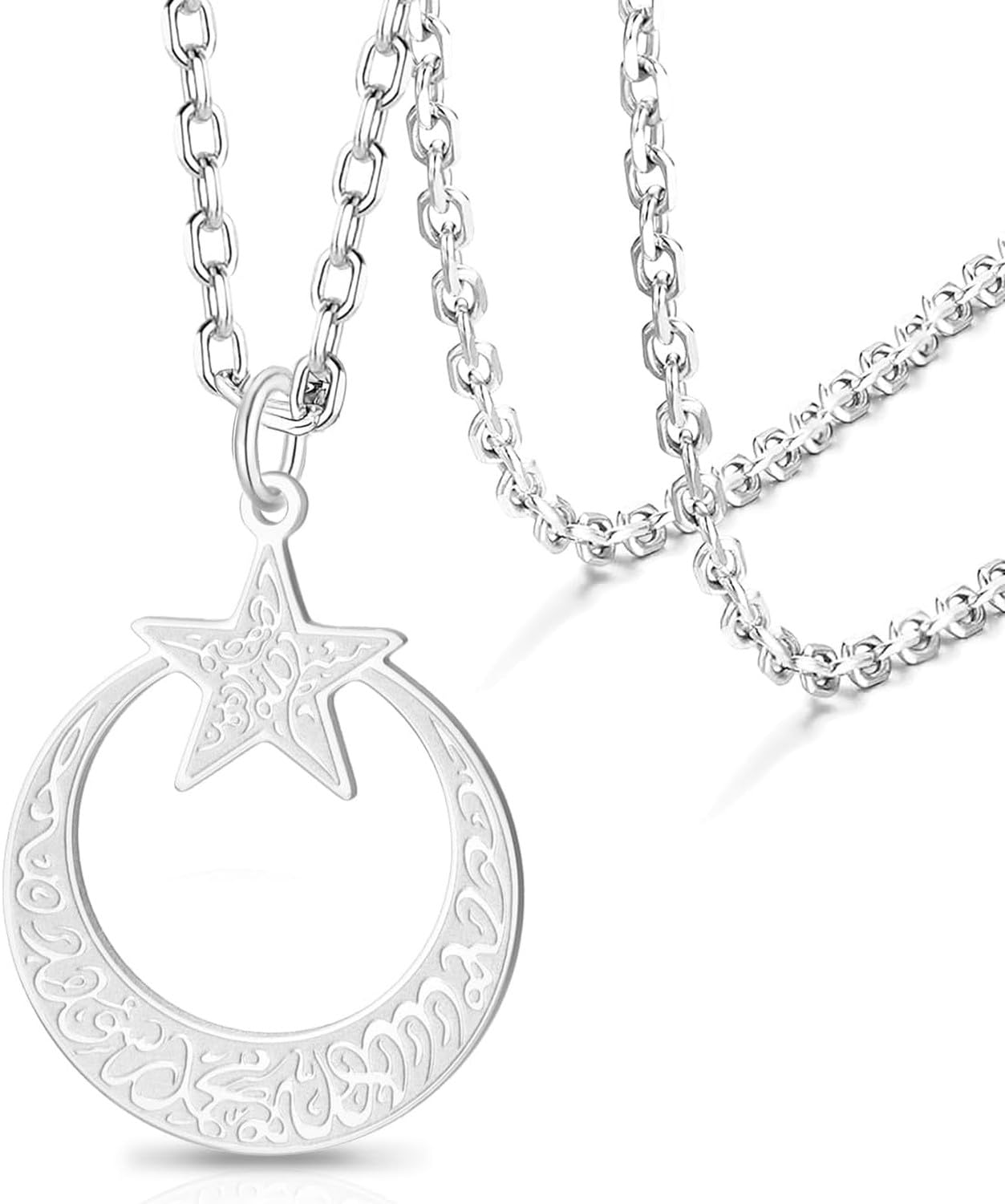 XIUNYIE Ayatul Kursi Calligraphy Crescent Moon Star Pendant Necklace Stainless Steel Islamic Quran Muslim Jewelry Allah Men Women Eid Ramadan Gift, Silver
