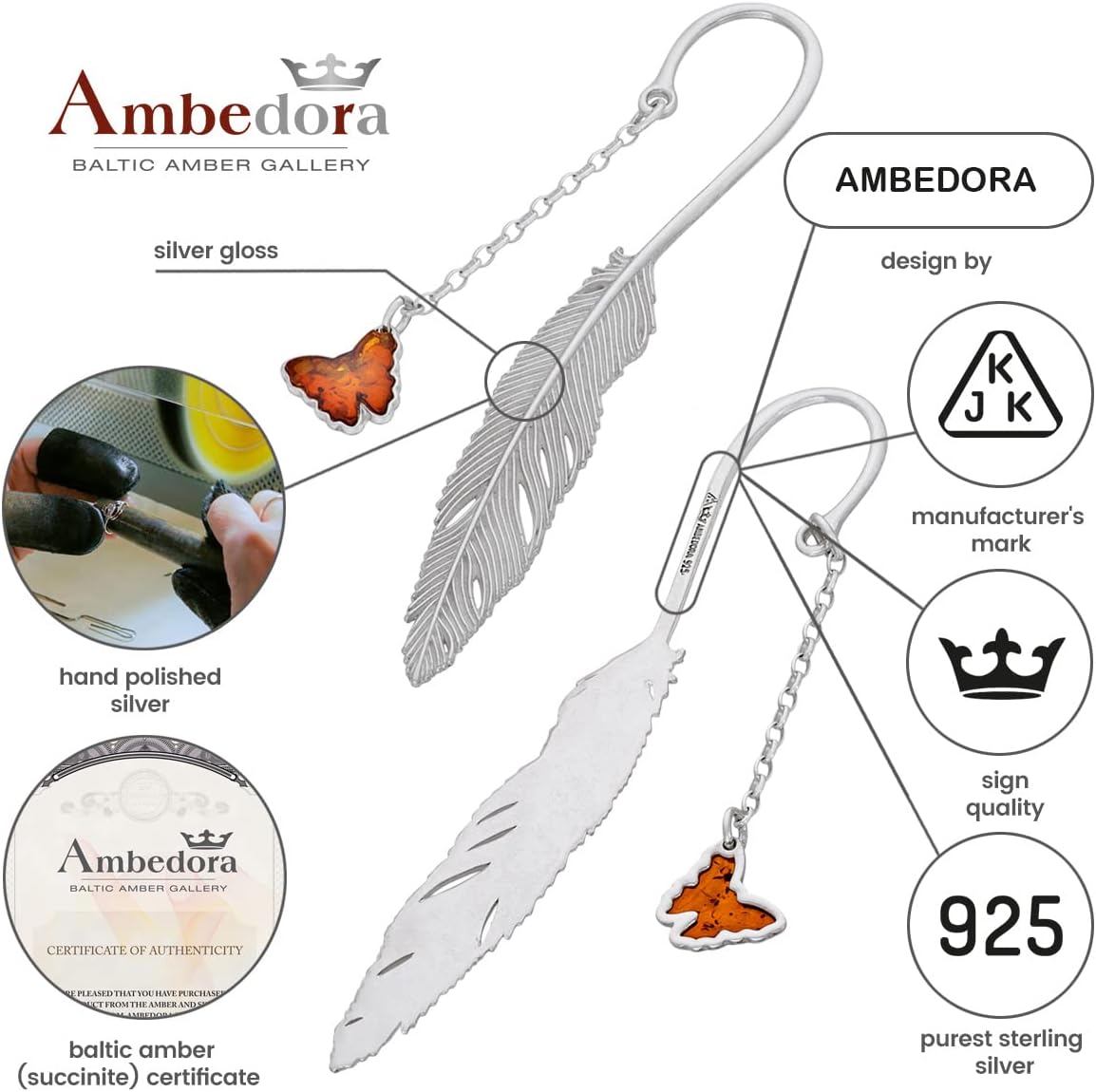 Tiny, Delicate Bookmark with Amber, Polished Sterling Silver, Carved Baltic Amber Butterfly in Cognac Colour, Silver Small Butterfly Bookmark L. 8.2 cm