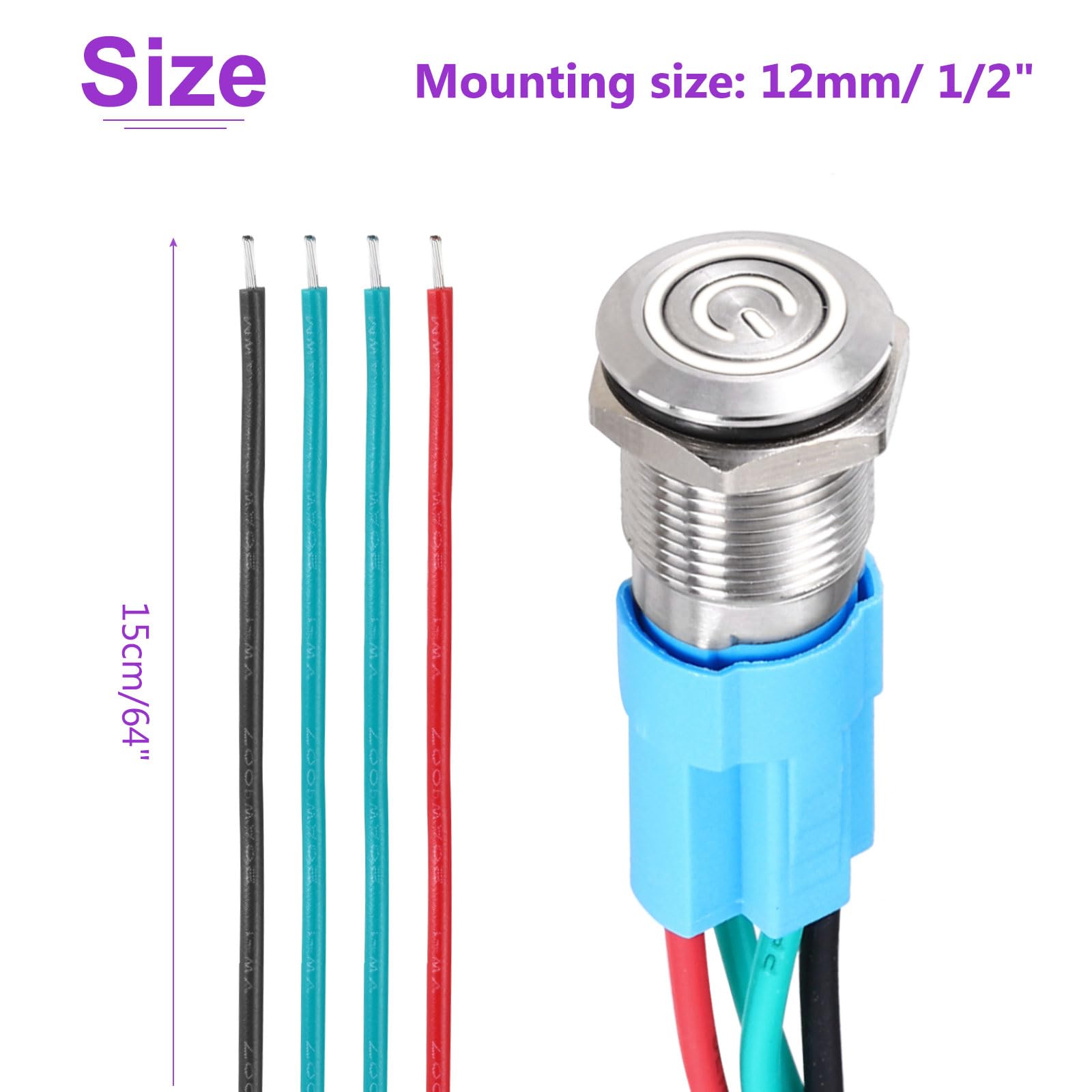 DMiotech 2Pcs 12mm Push Button Switch, IP65 1NO 12-24V 3A Momentary Latching Silver White Light Switch - Image 4