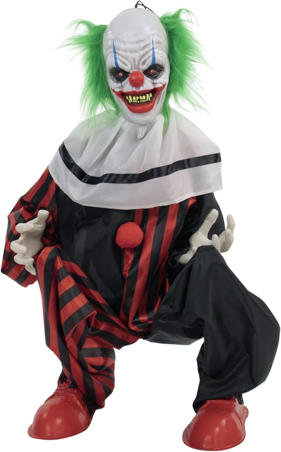 Haunted Hill Farm Life-Size Scary Animatronic Talking Crouching Clown with Motion, Touch Activated Lights, and Sounds, Indoor or Covered Outdoor Halloween Decorations, Battery Operated Halloween Prop