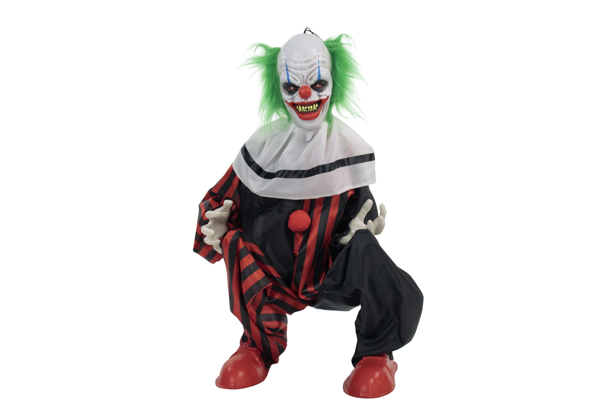 Haunted Hill Farm Life-Size Scary Animatronic Talking Crouching Clown with Motion, Touch Activated Lights, and Sounds, Indoor or Covered Outdoor Halloween Decorations, Battery Operated Halloween Prop