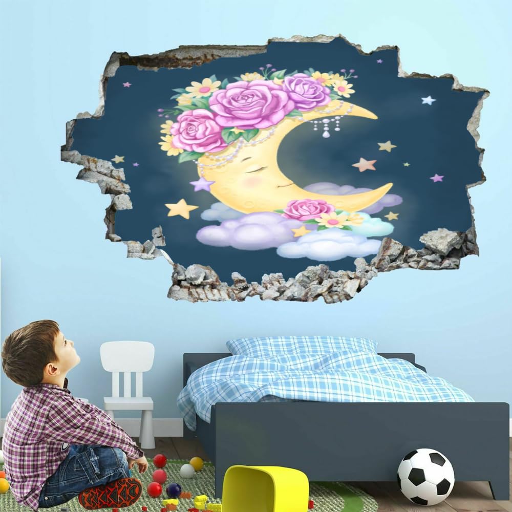 Efecto De Pared Rota 3D Nube De Luna Pegatinas De Pared Impermeables Arte Extraíble Las Flores Calcomanía De Vinilo Para Pared Para Niños, Niñas, Guardería, Hogar, Decoración De Pared