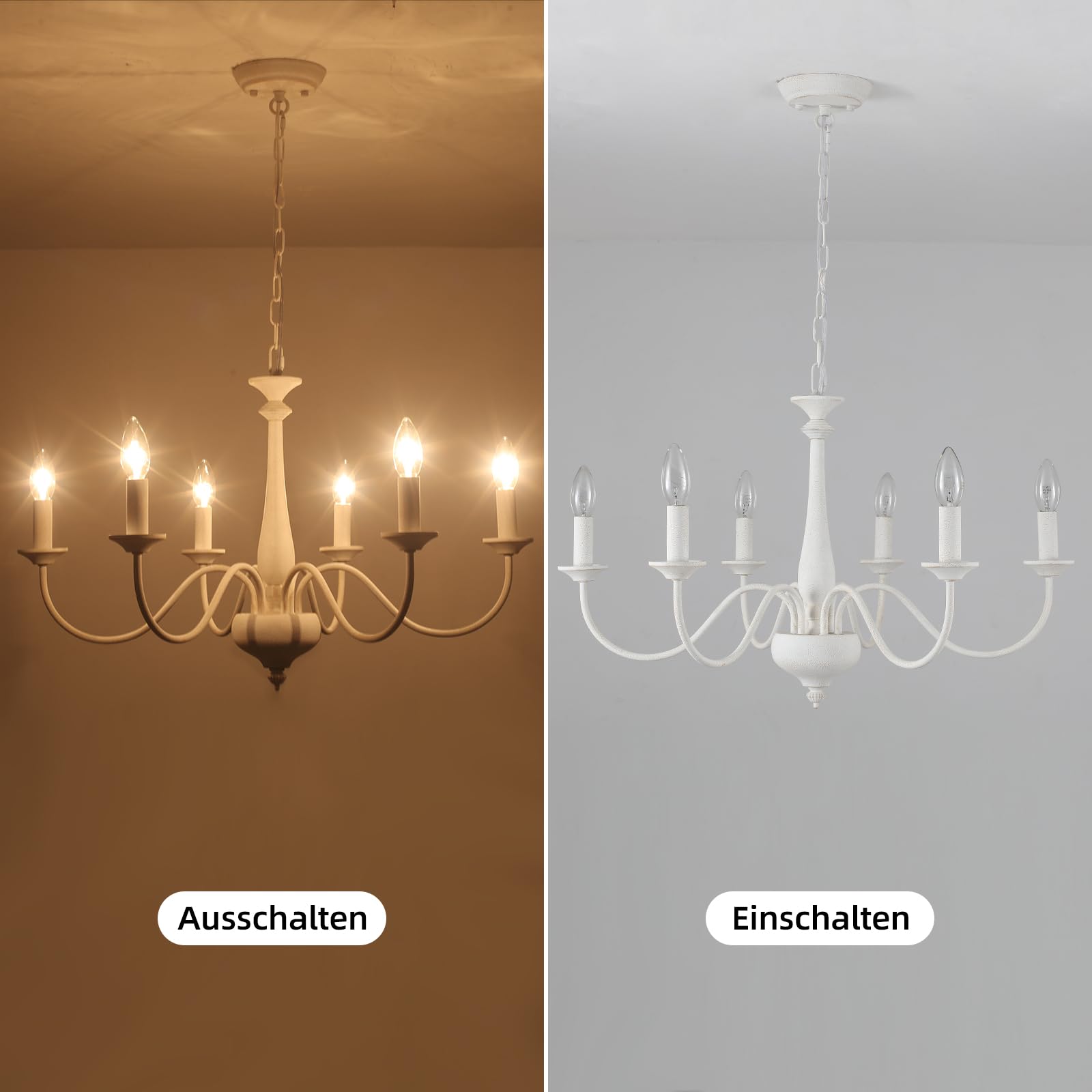 Vintage Kronleuchter Antik Weiß, Französisches Landhausdesign, 6-Flammig, Bauernhaus, Rustikale Retro-Pendelleuchte, Industrial Hängeleuchte für Wohnzimmer, Küche, Esszimmer, Flur, Schlafzimmer