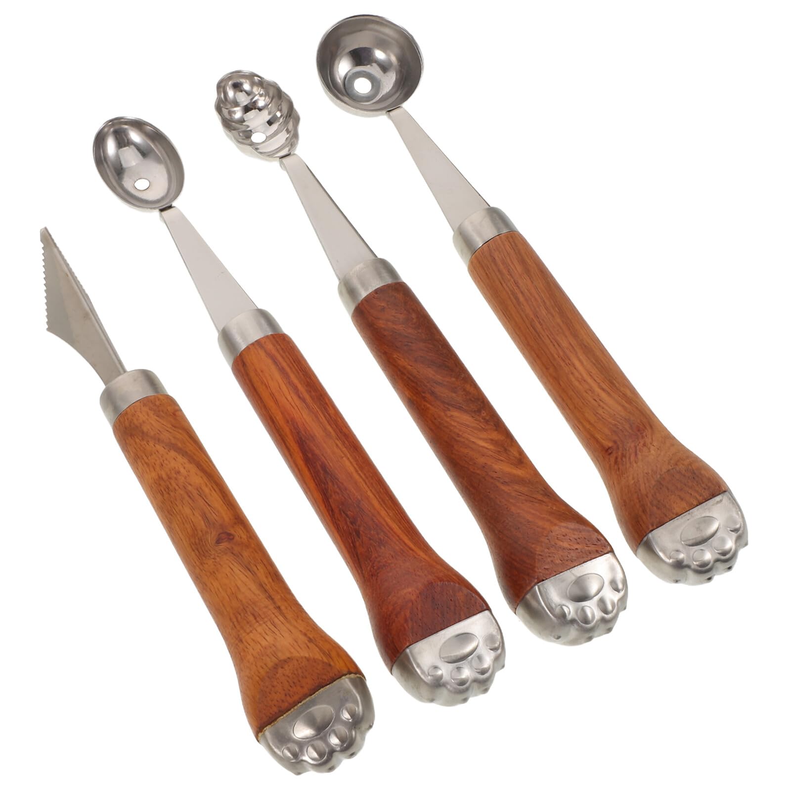 4 Stück Teiliges Melonenkugelausstecher-set aus Edelstahl mit Ergonomischem Holzgriff Melonen Obstkugelausstecher Sowie Gezacktes Fruchtschneidewerkzeug für Eiscreme Dessert und