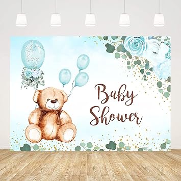 7x5ft Oh Bear Baby Shower Decorations for Boy Blue Balloons Floral Backdrop Decor Green Eucalyptus Leaves Photo Party Background Cake Table Banner Props Supplies Vinyl