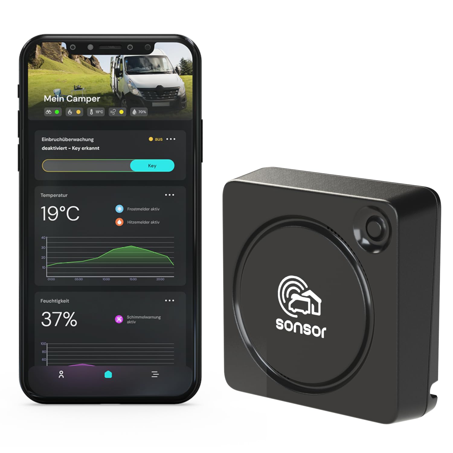 sonsor - Mobile Alarmanlage mit LTE, GPS-Ortung & kostenloser App für Wohnmobile, Vans, Garagen, Gärten oder Werkstätten (schwarz)
