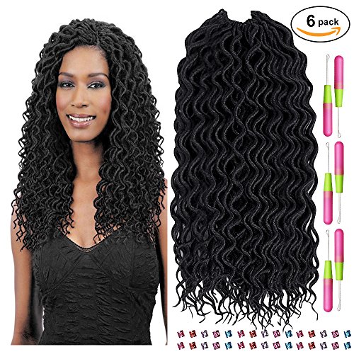 Curly Faux Locs Crochet Hair, (18 inch, 6Packs) Deep Wavy Crochet Braids Synthetic Braiding Hair Extensions Dreadlocks Goddess Locs Havana Mambo Twist Braid Hair Black 24Roots/Pack