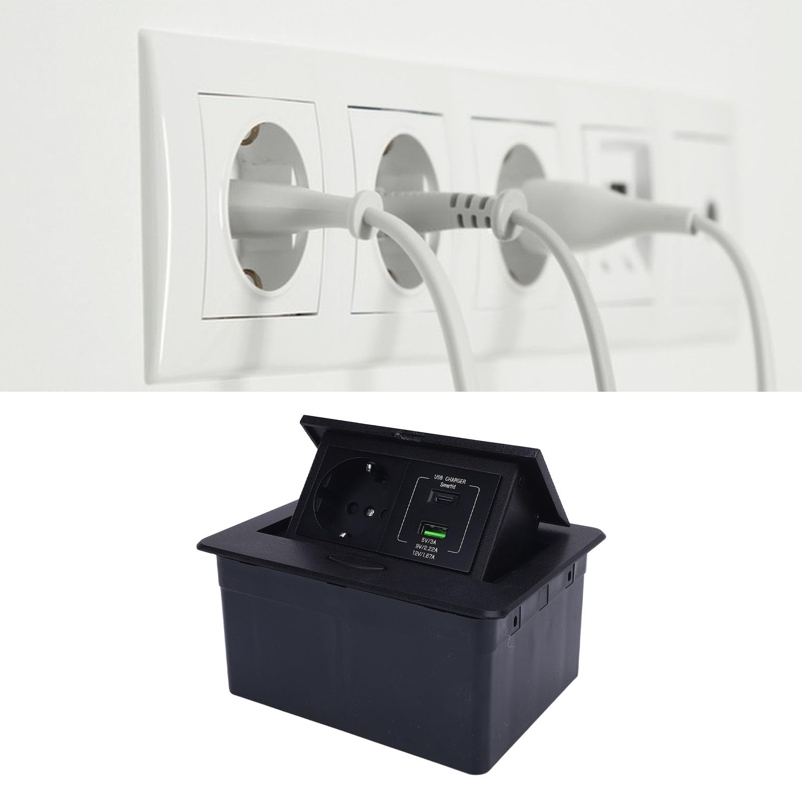 Boîte de Sortie Encastrée au Sol, Kit de Prise Plate en Alliage D'aluminium Durable avec Trous USB A C pour le Bureau et la Maison, Conception étanche, 1 unité