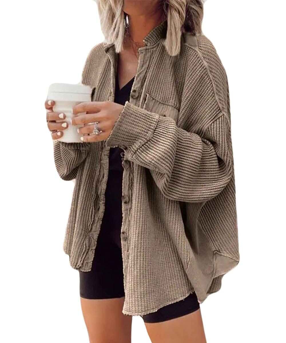 ebossy Womens Long Batwing Sleeve Splicing Cardigan Lightweight Waffle Textured Boyfriend Shirt Jacket Shacket