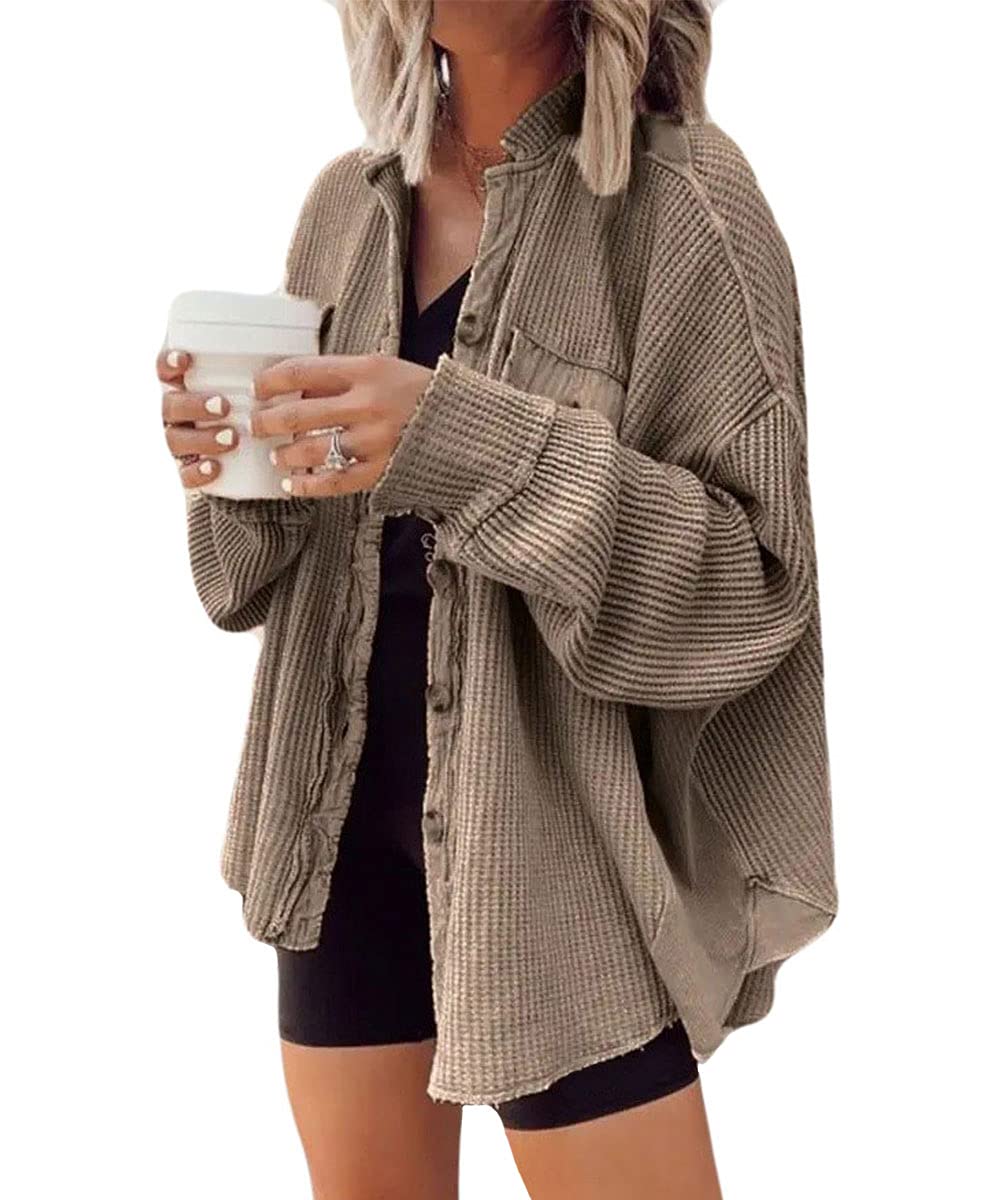 ebossy Womens Long Batwing Sleeve Splicing Cardigan Lightweight Waffle Textured Boyfriend Shirt Jacket Shacket