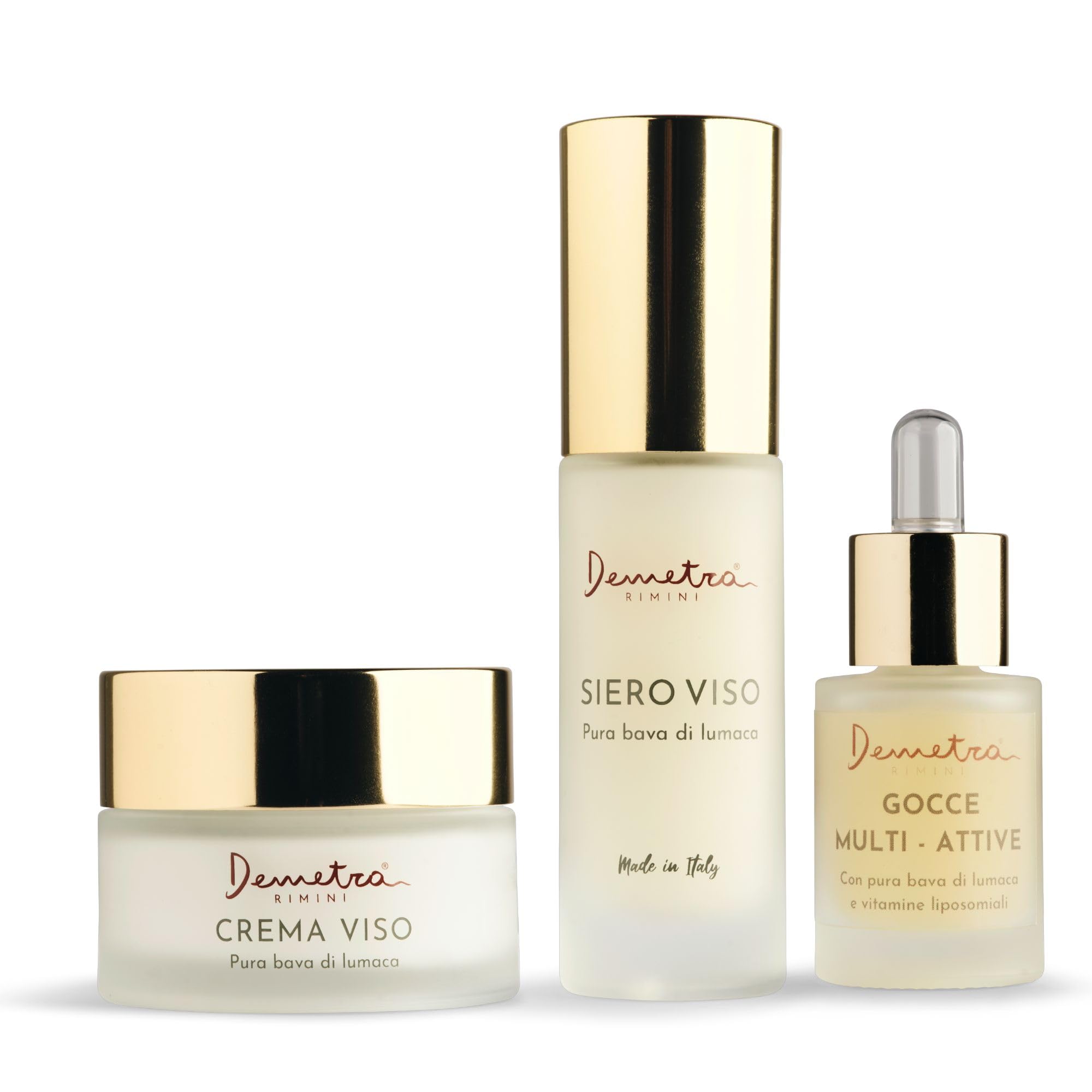 Demetra Gesichtspflege Set 3 in 1 – Gesichtscreme 85%, Gesichtsserum 90% und Multiaktive Tropfen 98% mit Schneckenschleim – Hyaluronsäure & Vitamine A-E-F-C – Anti-Aging Hautpflege