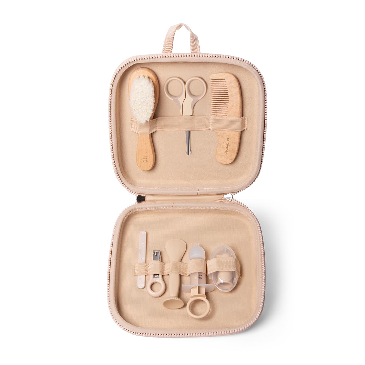 Suavinex, Kit Higiene Bebé con Neceser, Set Cuidado Recién Nacido, Beige | Con: Cortauñas + Lima Vidrio + Tijeritas + Cepillo + Peine + Dedal Encías + Aplicador Crema. Semi-rígido, Cremallera y Asa