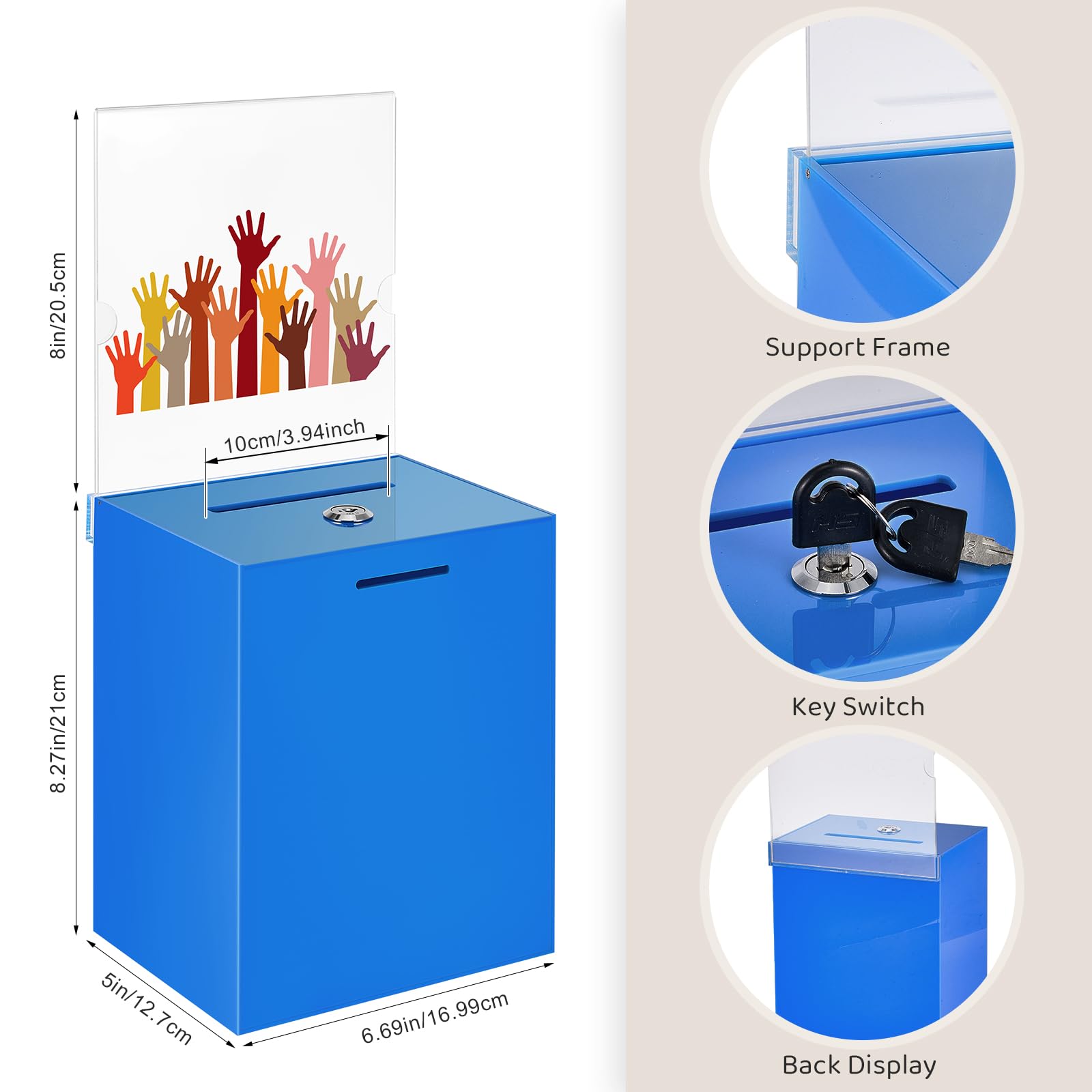 Marsui Caja de sugerencias acrílica grande de 40,6 x 16,7 x 12,7 cm, con cerradura y soporte para carteles, para votar, tarjetas de visita de caridad, colección de billetes de presentación (azul)