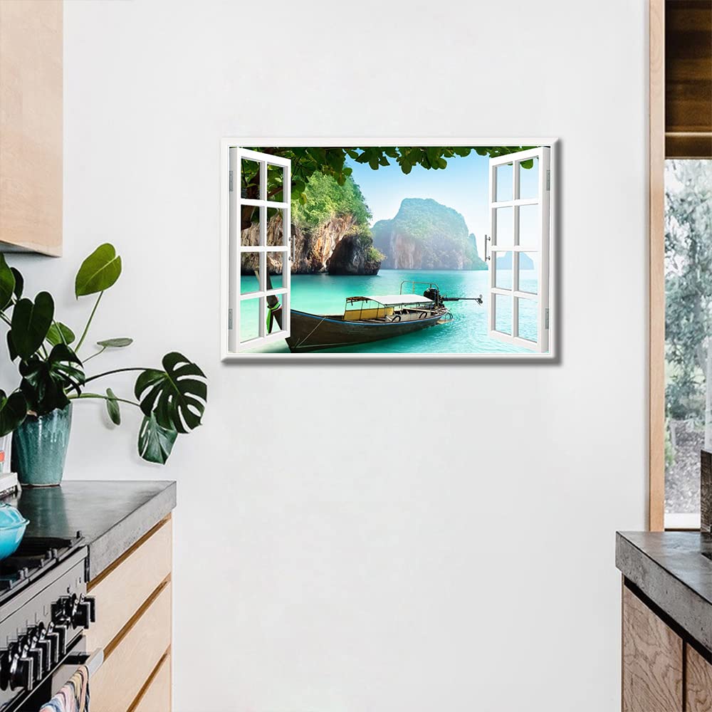 TISHIRON Phuket Thailand Canvas Wall Art 3D Window View Pictures Prints for Living Room Bedroom Decor Artwork Office Home Decoration Framed Kitchen Decor 12" W x 18" H - Image 3