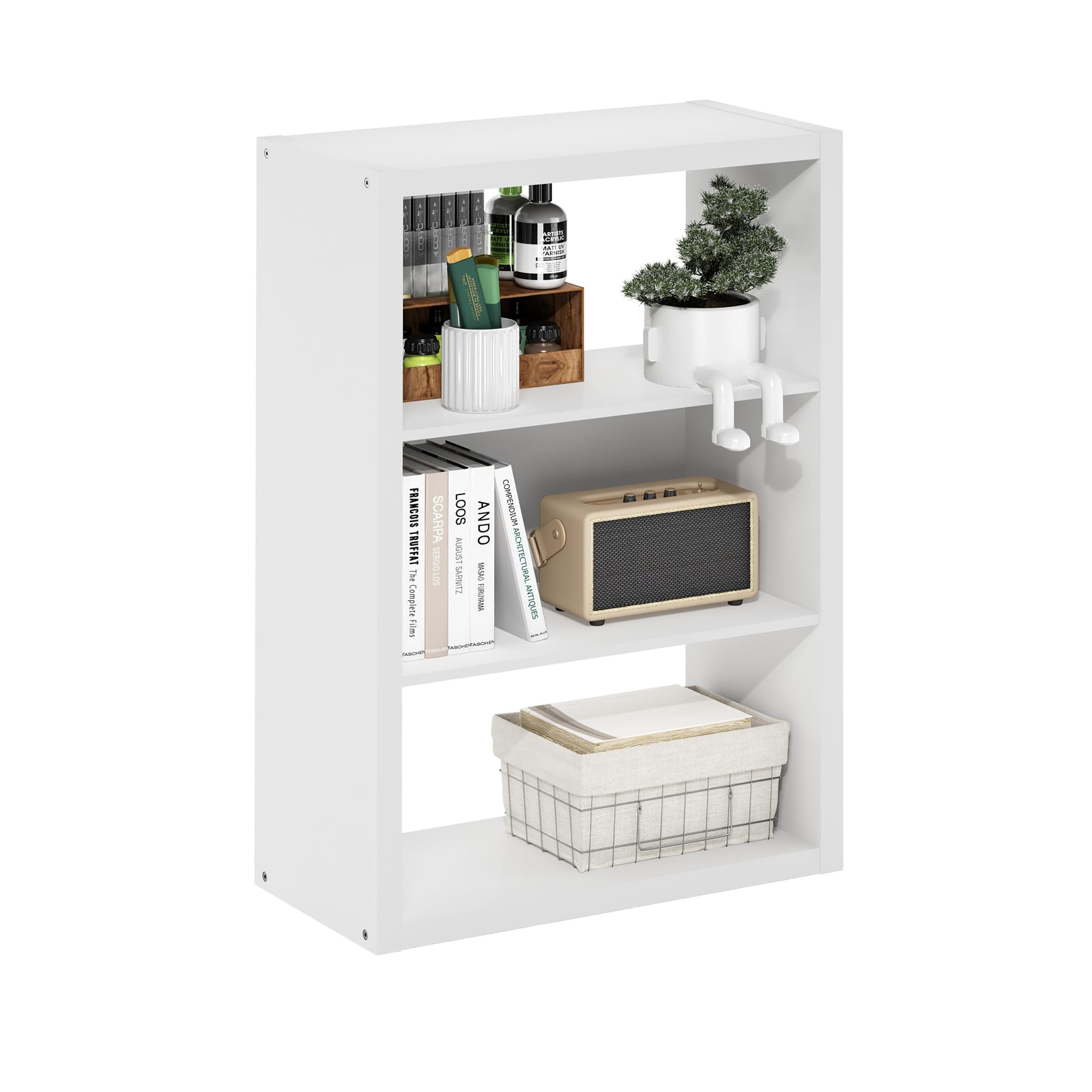 Furinno Viola Book Shelf, 3-Tier Bookshelf, Extra Thick Frame Bookcase with Open Shelf, Open Back Design, 11.3" x 23.2" x 35.9", for Living Room, Bedroom, Home Office, White