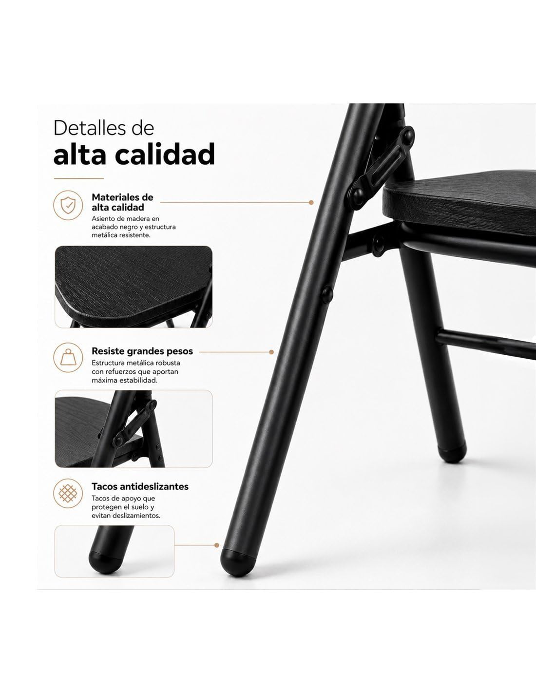 Jardin202 - Silla Plegable Florencia Negra | Asiento Negro/Blanco/Madera | Estilo Italiano | Estructura de Metalica | Hogar, Oficina | 1 Unidad (Asiento Negro)