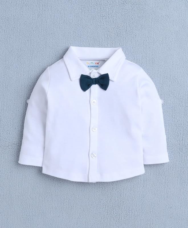 Image of BUMZEE Boys Regular Fit Full Sleeves Collar Neck Cotton Shirt Waistcoat Short Set with Applique Bow