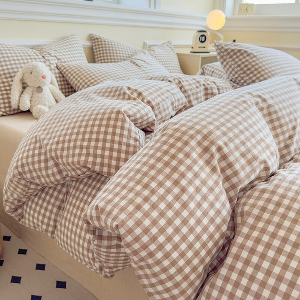 Michorinee King Size Duvet Cover Brown Gingham Plaid Grid Checkered Bedding Set Girls Washed Microfibre Reversible Double Bed Comforter Quilt Cover 220x230 with Zipper Closure and 2 Pillowcases 50x75 โ image 1