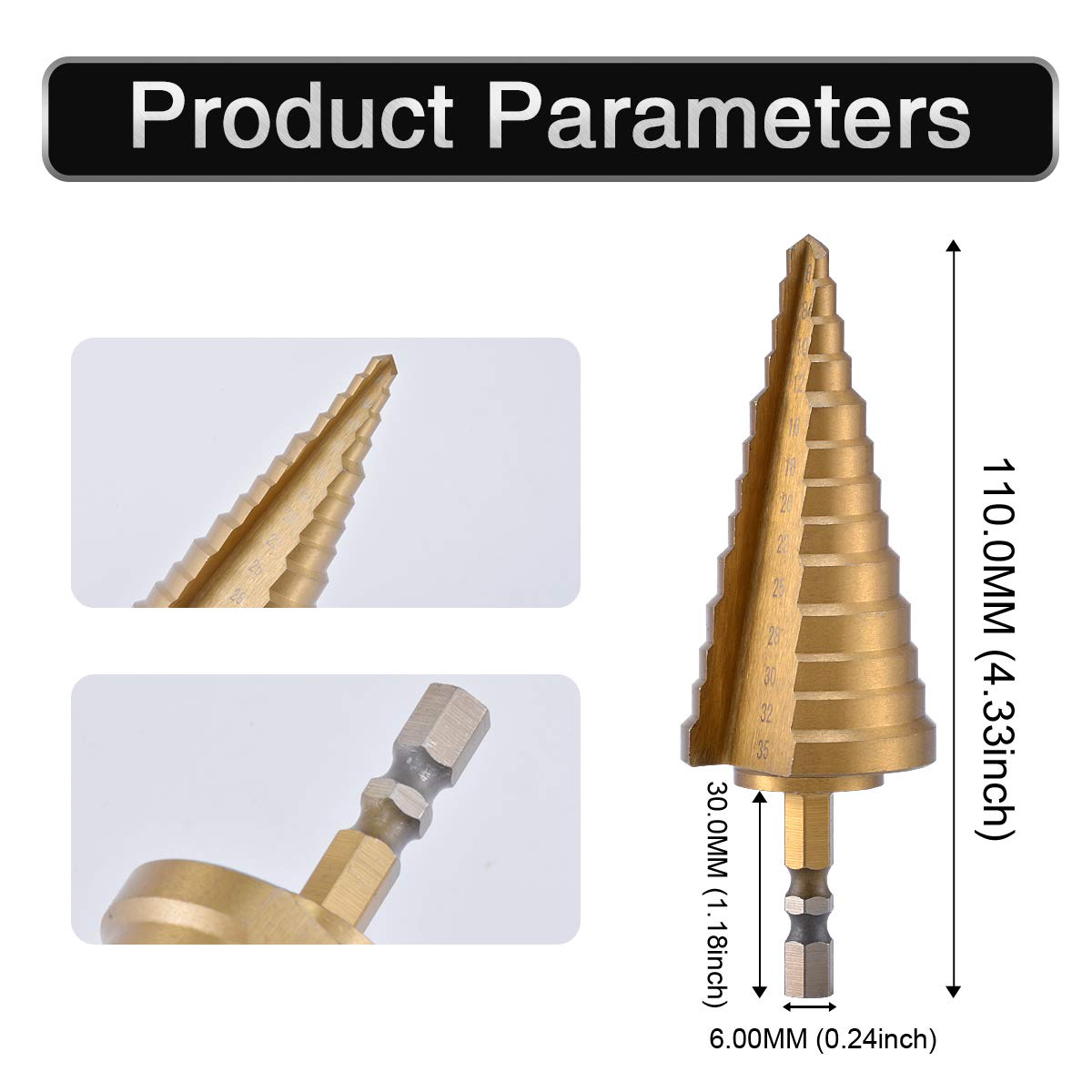HOHXEN 1/4 Hex Shank Titanium Step Drill Bit High Speed Steel 13 Steps Hex Shank 6-35MM
