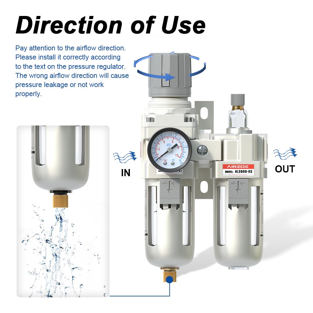 AIRZOE Combo de lubricador regulador de filtro de aire comprimido NPT de 3/8 pulgadas, separador de agua de compresor de aire AC3010-03,5 micrones, drenaje semiautomático, calibre 0-150 psi